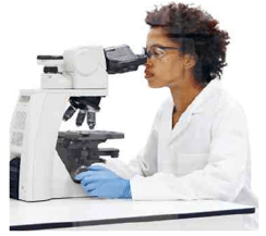 Científica usando microscopio